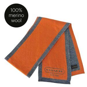 COACH Orange Grey Merino Wool Scarf Logo Classic Winter one size